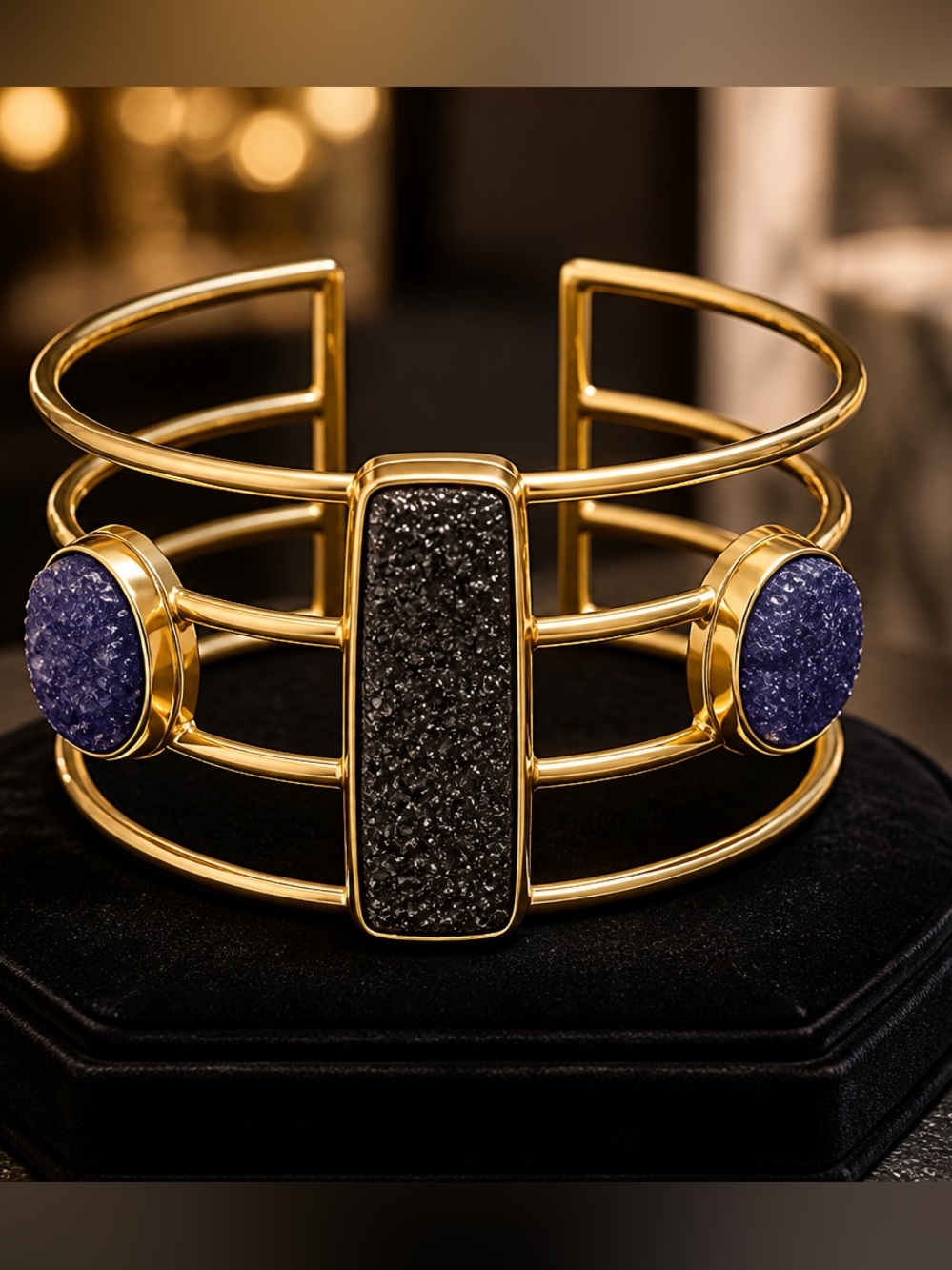 Gold Cuff Bracelet with Black and Purple Druzy Stones - Women Jewelry
